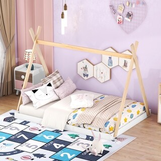 White Full Size Montessori Floor Bed with Triangle Structure Tent Bed