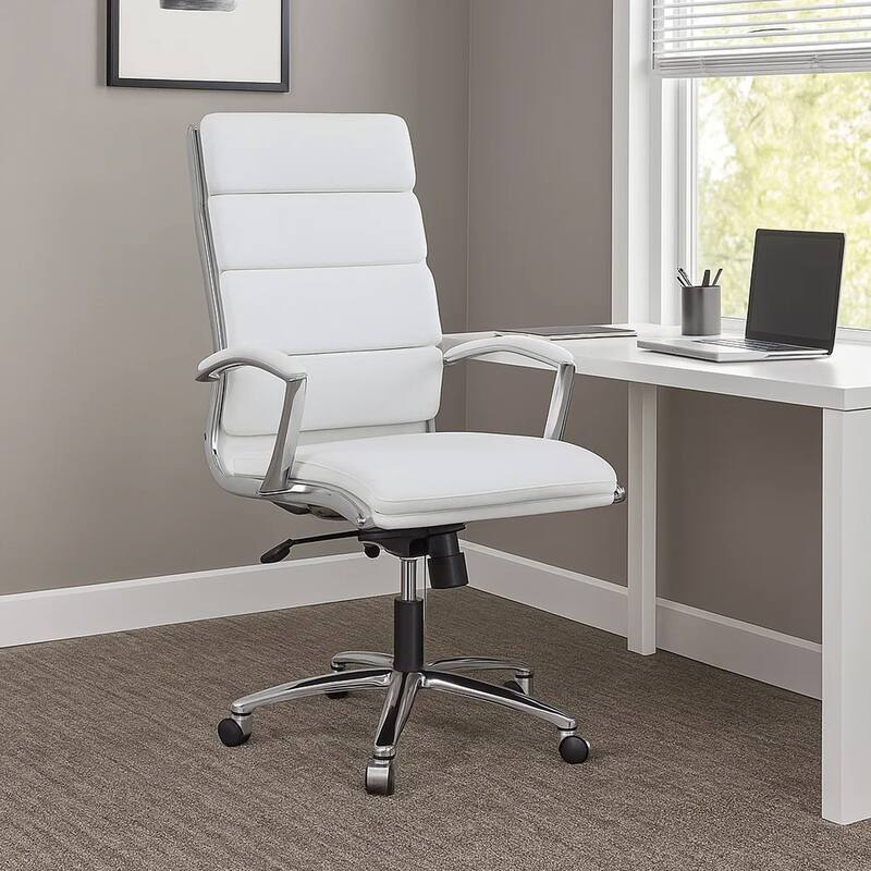 Dave Tall Executive Swivel Armchair, Chrome Finish, White Vinyl