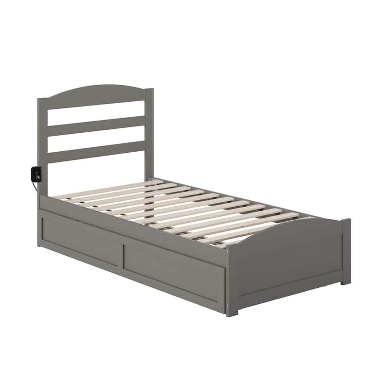 Platform Bed with Trundle & Charging Station - Twin Size Grey - Slat Kit Included