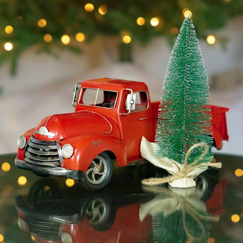 15" Distressed Red Iron Pickup Truck with Christmas Tree - Small