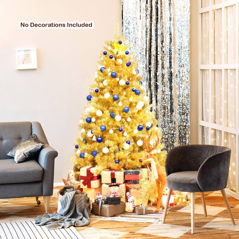 Gymax 6FT Tinsel Christmas Tree Artificial Hinged w/ Metal Stand - See Details - Gold - 6 Foot