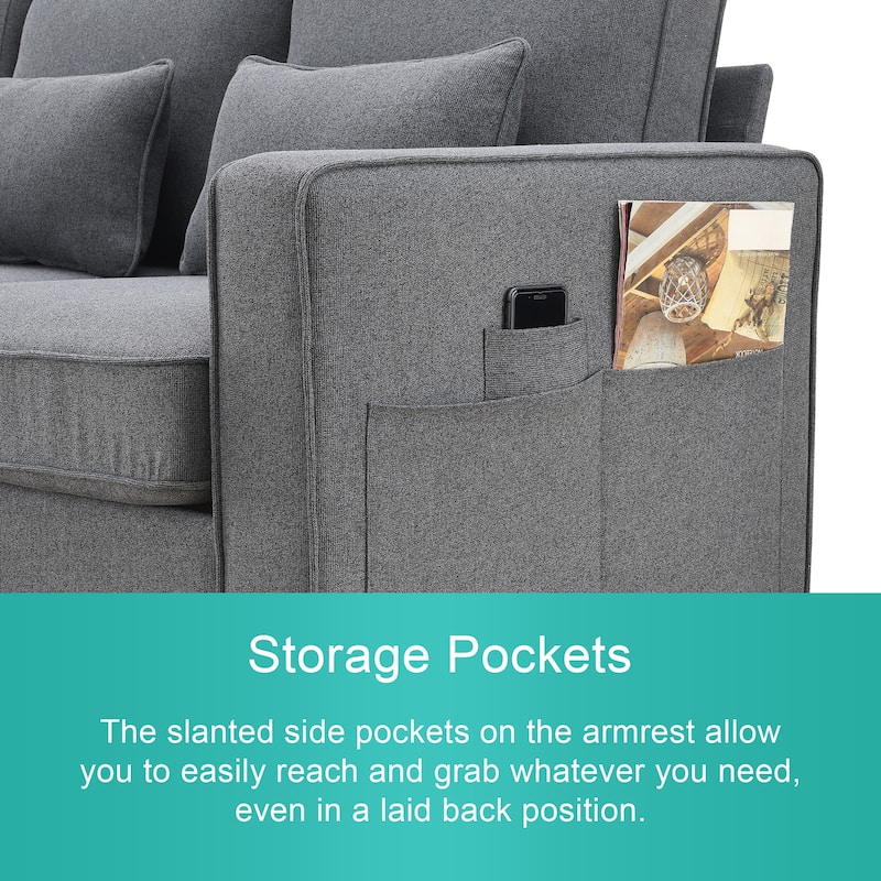4-Seater Modern Linen Fabric Sofa with Armrest Pockets and 4 Pillows