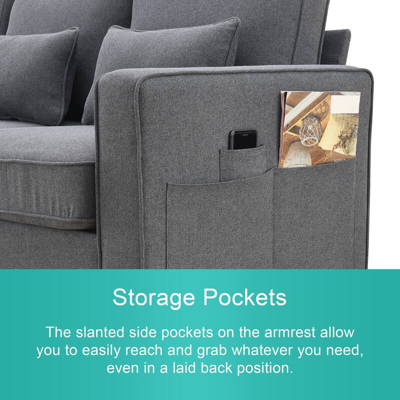 Modern 104" 4-Seater Linen Sofa with Storage Pockets and Pillows for Living Room