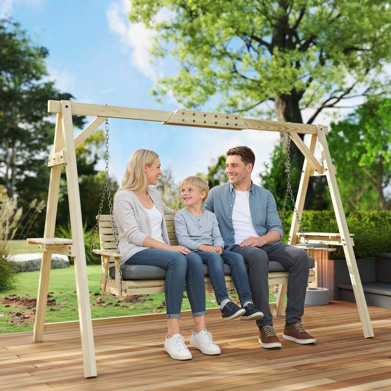 Outsunny 3 Seat Porch Swing with Stand, Wooden Patio Swing Chair with Cushion, Side Trays and Metal Chains