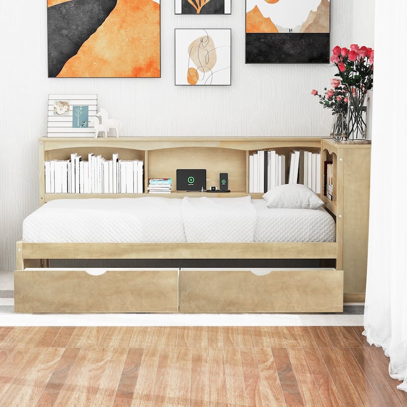 Twin Size Daybed with Two Storage Drawers, Storage Cabinets and USB Ports