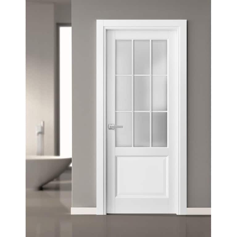 Solid French Door Frosted Glass 9 Lites / Felicia 3309 White Handle