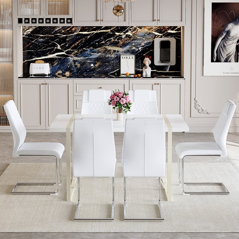 7-Piece Modern Dining Table Set with 6 Upholstered Chairs, Silver Metal Legs