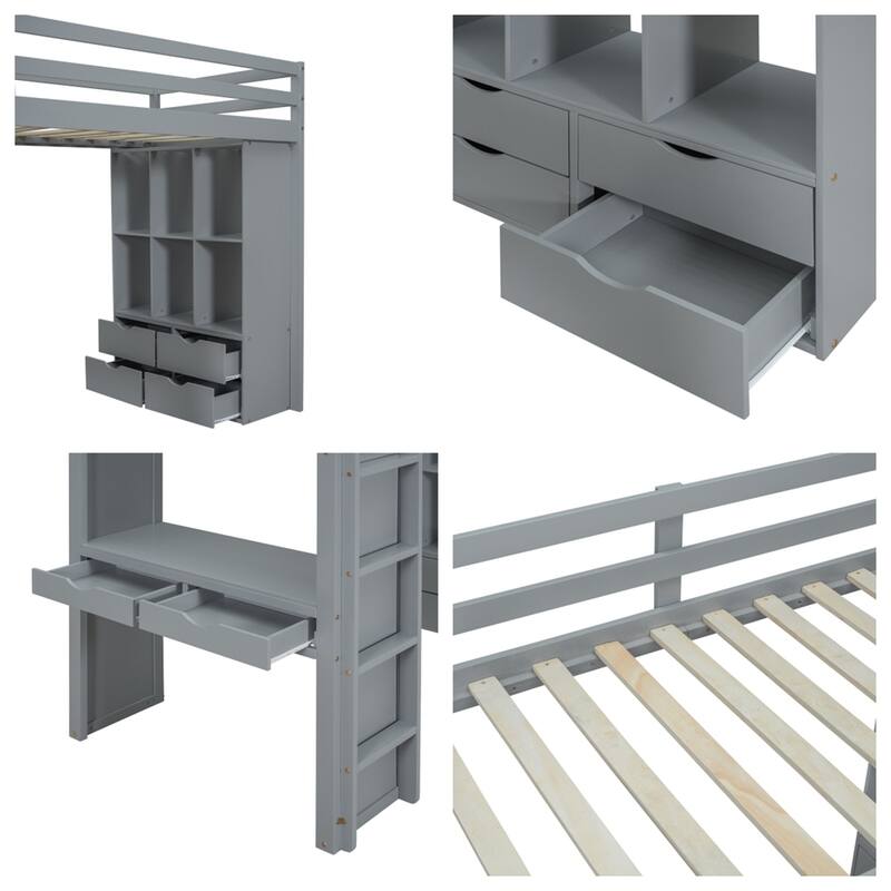 Twin Size Loft Bed with Large Shelves, Writing Sesk and LED Light