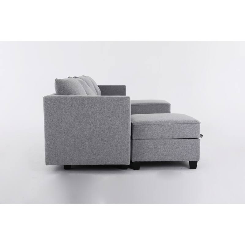 87" Burlap L-Shaped Modular 3-Seater Sofa with Ottoman & Storage