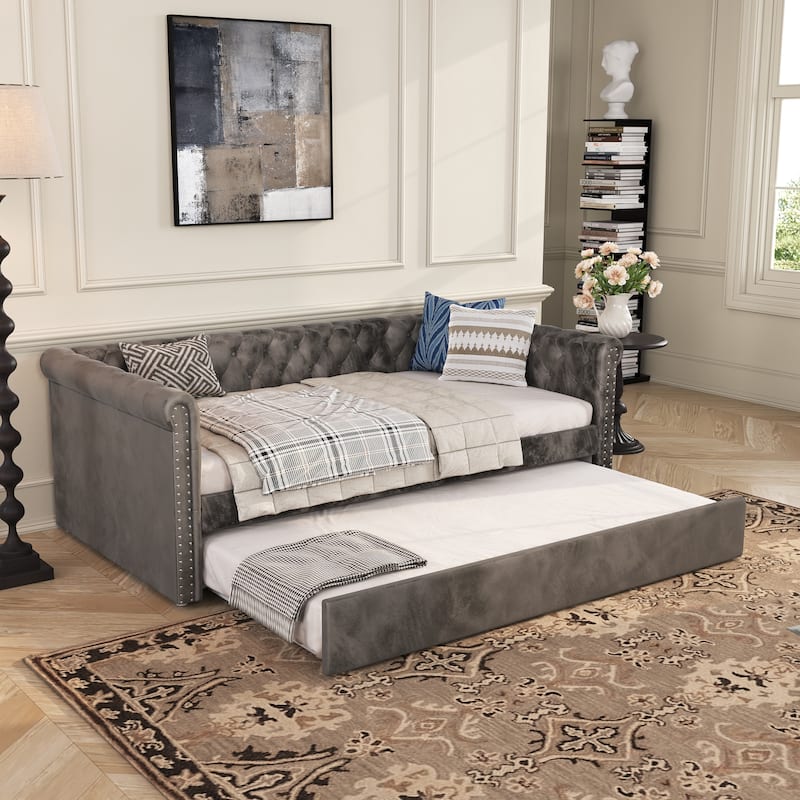 Christopher Knight Home - Augusta Velvet Upholstered Tufted Daybed with Trundle Design - Grey