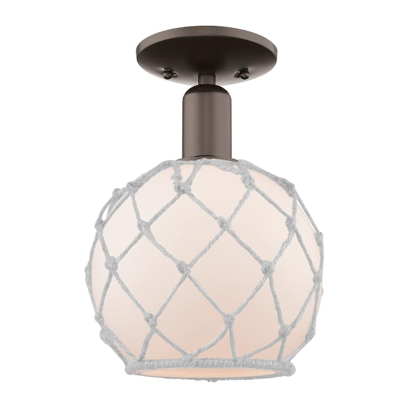 Innovations Lighting 716-1C-12-8 Farmhouse Rope Semi-Flush Farmhouse - Oil Rubbed Bronze / White Glass with White Rope
