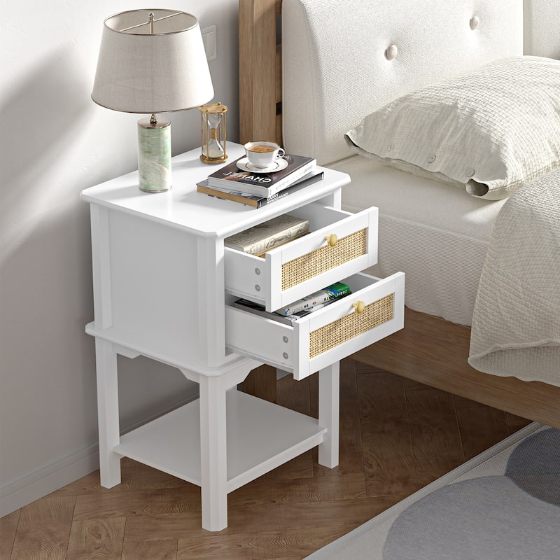 Modern 27.95"H Tall 2-Drawer White Nightstand Wood Rattan Side End Table for Bedroom with Storage Shelf