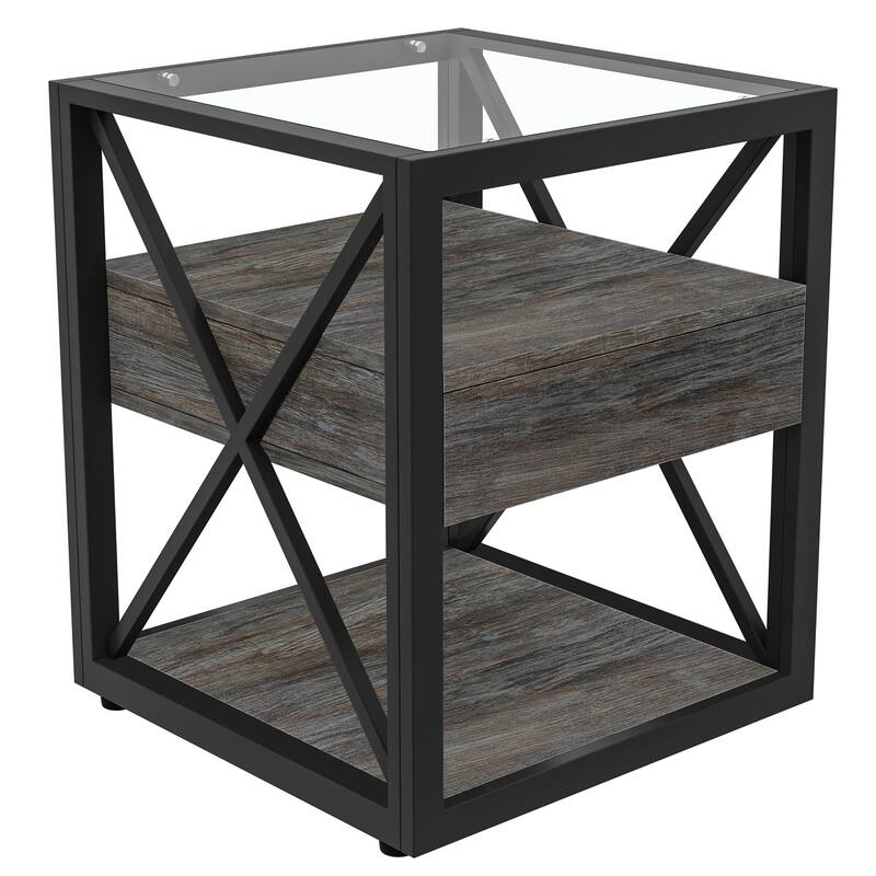 1 piece Modern End Table with Drawer - Nightstand,Rustic Wood Grain MDF& Tempered Glass Top,Industrial Style Side Table