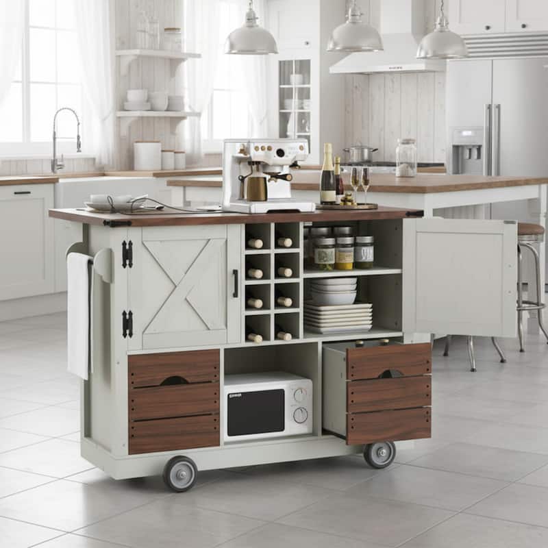 Farmhouse Kitchen Island with Drop Leaf, Power Outlet, Kitchen Storage Cart with 2 Doors, 2 Drawers