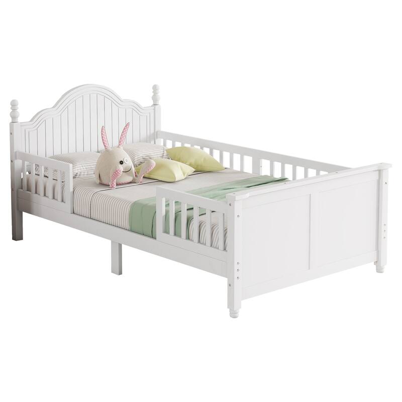 Roomfitters Twin/Full Platform Bed, Slatted Headboard and Removable Guardrails with Wooden Frame for Bedrooms or Guest Rooms
