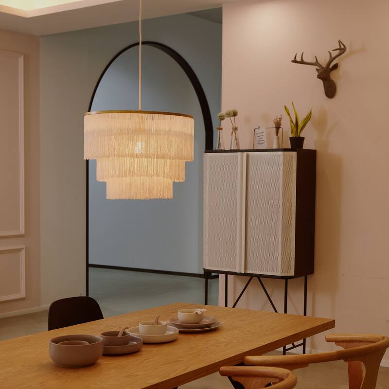 Novogratz x Globe Janis 1-Light Matte Gold Pendant Light with White Fabric Fringe Shade