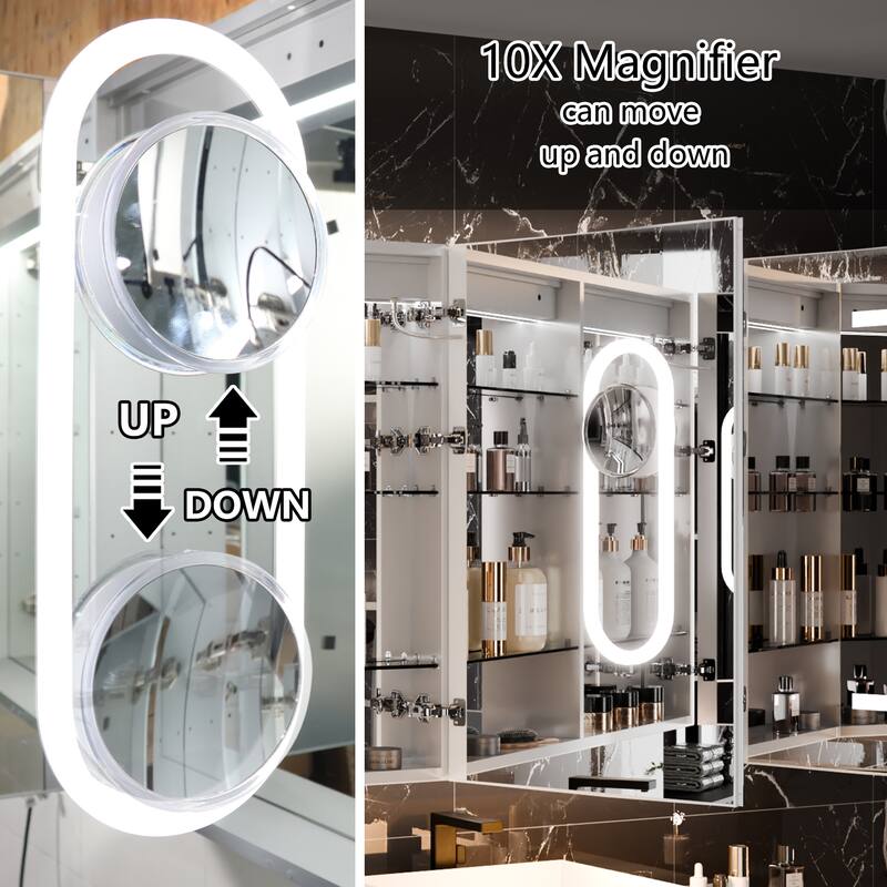 36'' H Recessed or Surface Mounted Bathroom LED Mirror Cabinet With Defogger, Dimmer, 10x magnifying