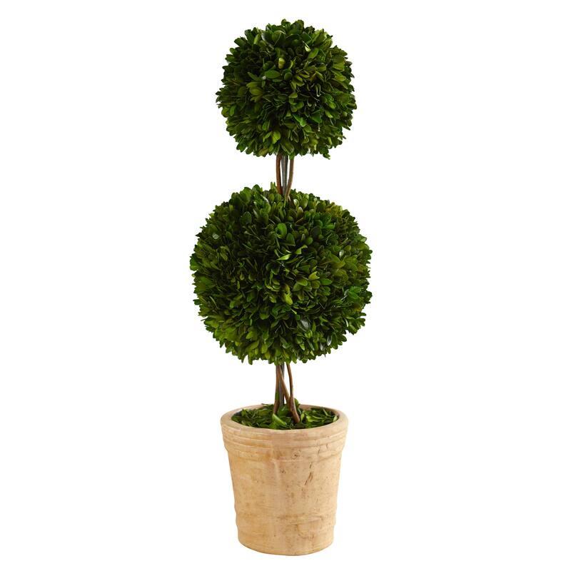 Double Ball Topiary Tree - 2.5 Ft Indoor Greenery with Planter, Preserved Moss Design, Home Office Decor - Green