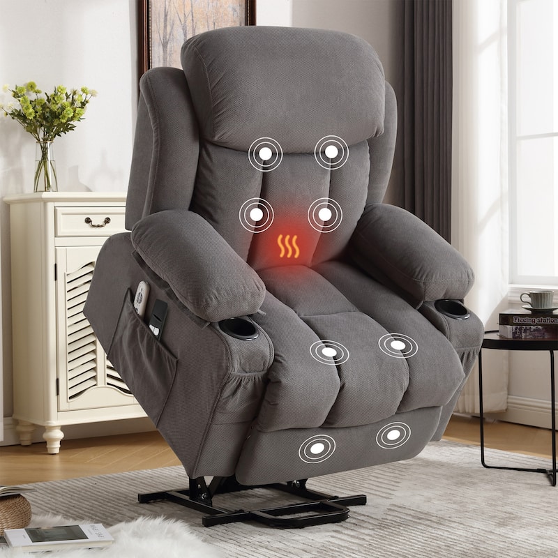 Power Lift Velvet Recliner Chair w/Heat and Massage & USB Charge Port - Grey