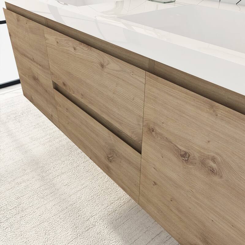 MDF Wall-Mounted Bathroom Vanity Set in Oak with Integrated Culture Marble Sink