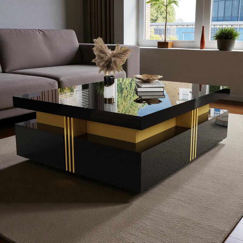 43.3" Modern Glossy Square Coffee Table with 4 Storage Drawers, High Gloss MDF Center Table for Living Room