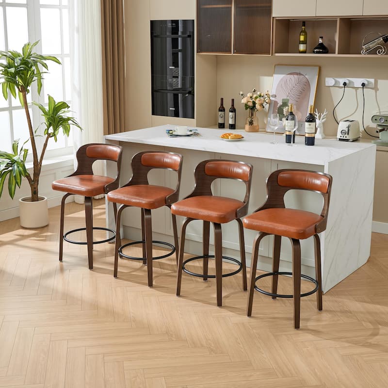 SEYNAR PU Leather 360 Degree Swivel Open Back Bar Stools Wood Legs Set of 4