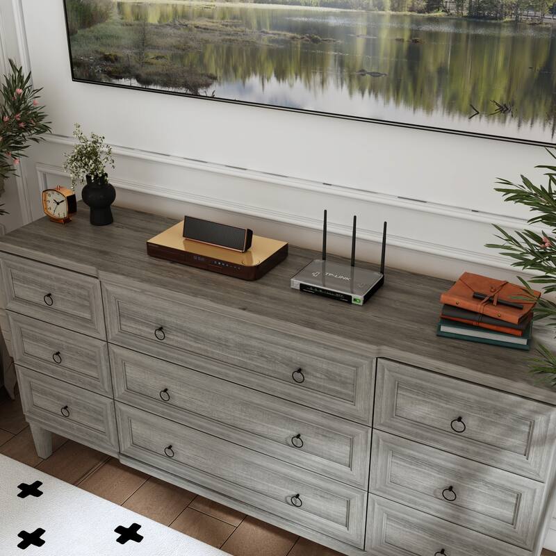 63.4" Wide 9 Drawer Dresser, Modern Light Wood Bedroom Dresser with Solid Legs for Storage