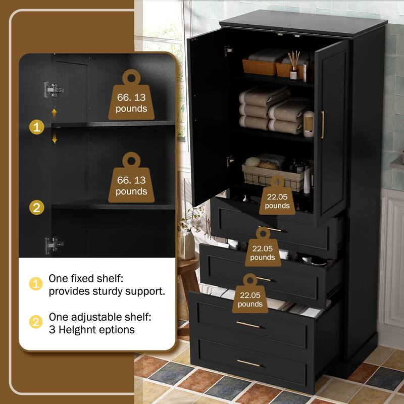 72.2" Tall Bathroom Cabinet with 3 Drawers - Partitioned & Deep, Adjustable Shelf, Soft-Close Doors, MDF Panels
