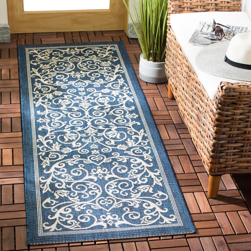 SAFAVIEH Courtyard Clarine Indoor/ Outdoor Waterproof Patio Backyard Rug - 2'3" x 6'7" Runner - Navy/Beige