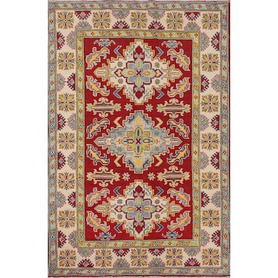Traditional Kazak Oriental Area Rug Hand-Knotted Red Wool Carpet - 4'2" x 6'5"