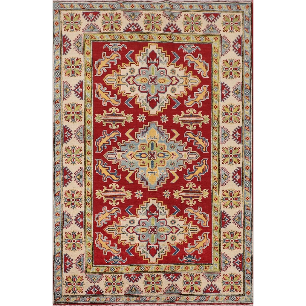 Traditional Kazak Oriental Area Rug Hand-Knotted Red Wool Carpet - 4'2" x 6'5"