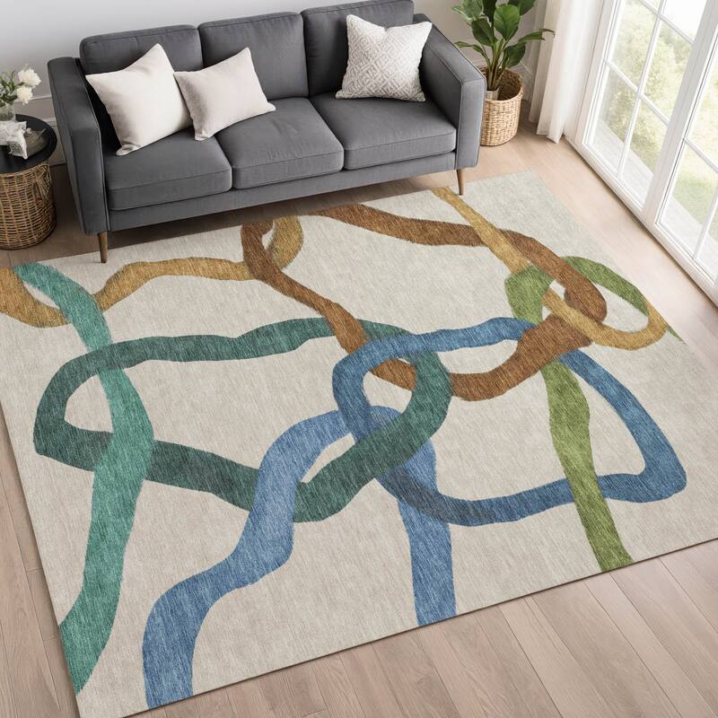 Machine Washable Indoor/ Outdoor Abstract Links Chantille Rug