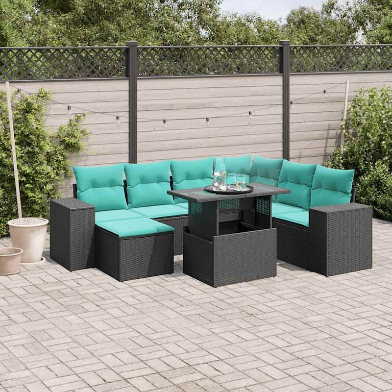 vidaXL Patio Sofa Set with Cushions Table and Couches 8 Piece Poly Rattan - 24.4" x 24.4" x 27.2" - Black