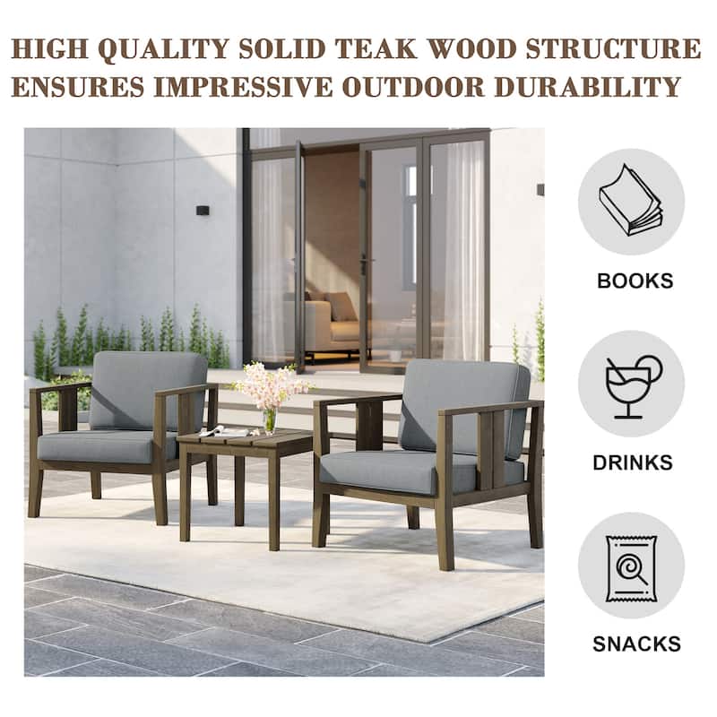 Uixe 3-piece Teak Solid Wood Outdoor Arm Chairs with Side Table Set