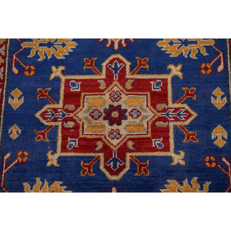 Blue Geometric Kazak Accent Rug Hand-Knotted Oriental Wool Carpet - 3'5" x 4'11"