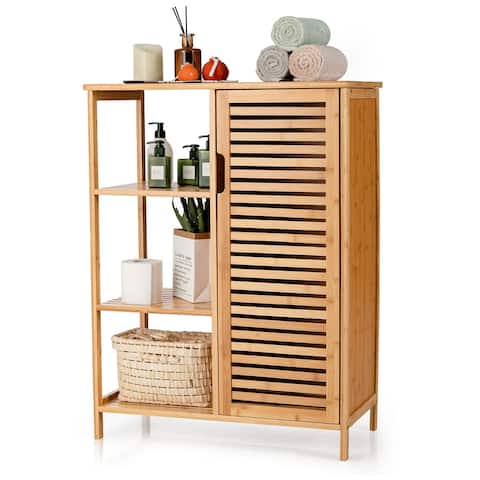 Costway Bathroom Cabinet Bamboo Storage Floor Cabinet w/ Single Door & - See Details