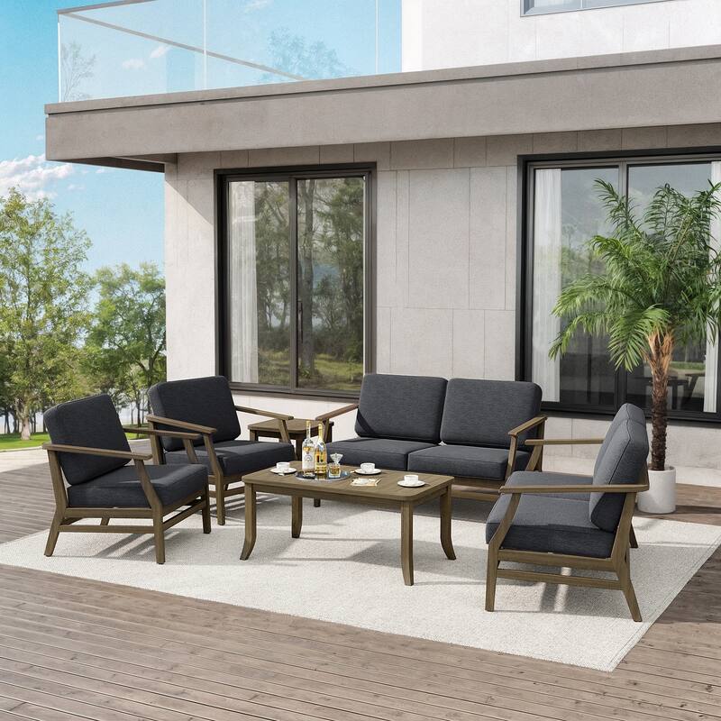 Teak Outdoor Patio Conversation Set with Cushions and Tables (6-Piece)