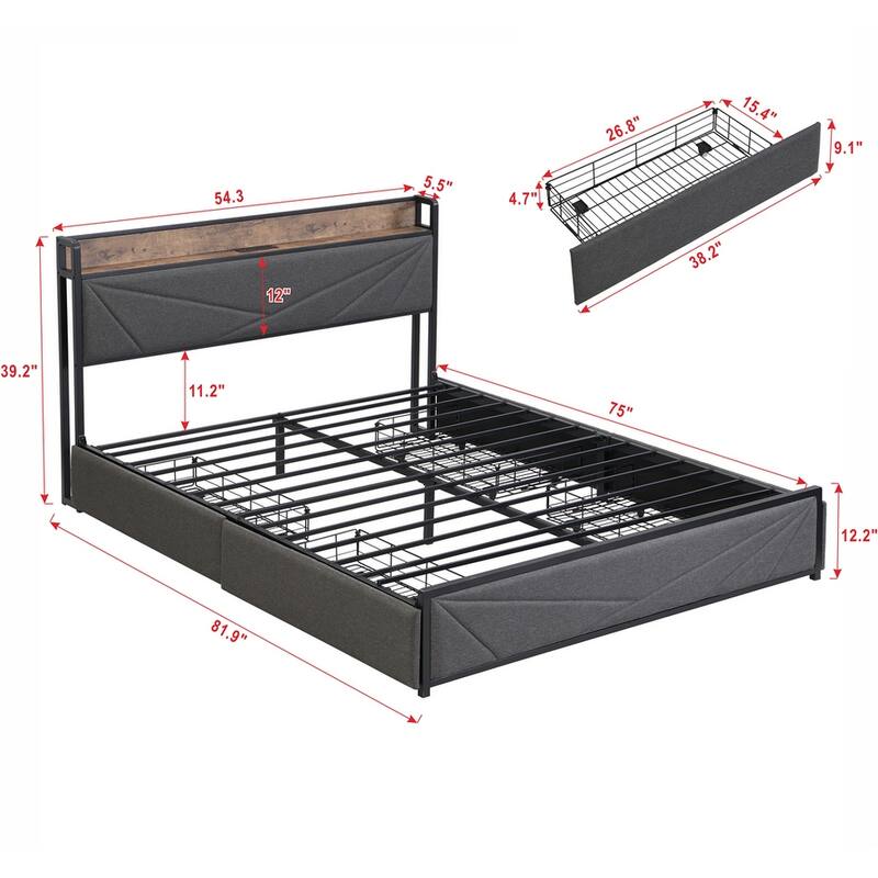 Full Bed Solid Frame Storage Headboard with Charging Station