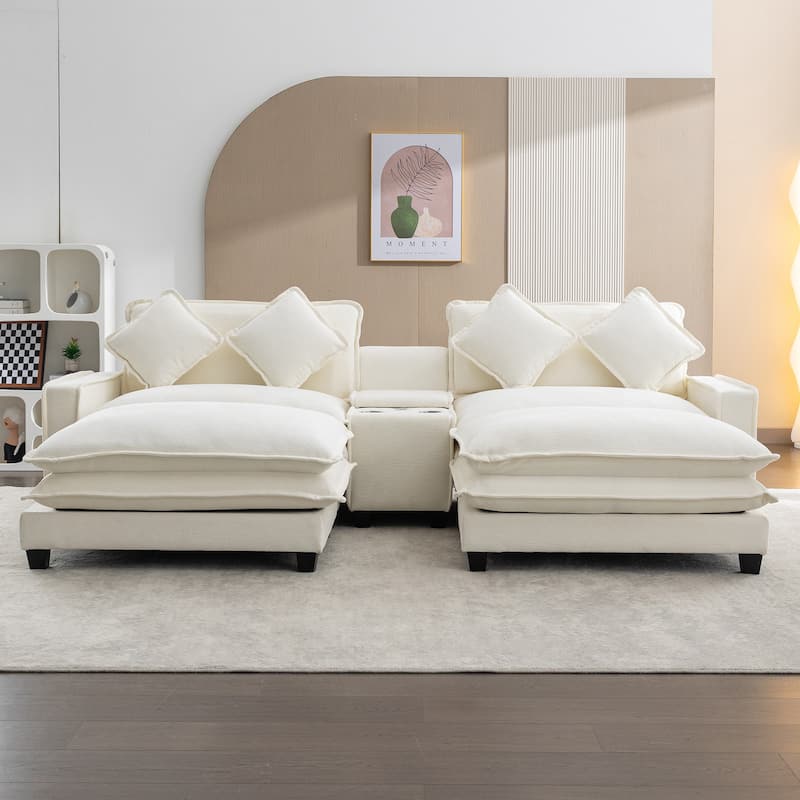 111" Chenille Sectional Sofa Set with USB Ports & Cup Holders, Oversized Chaise Lounge Modular Loveseat with 2 Ottomans