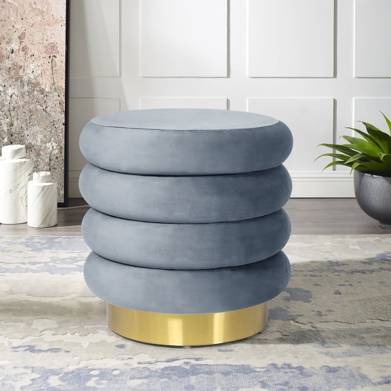 Adeco Modern Round Velvet Storage Ottoman with Gold Plating Base