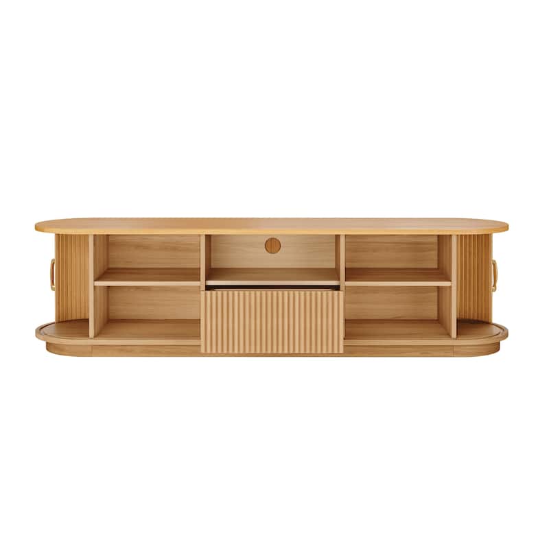 Vintage TV Stand with Sliding Wood Slatted Doors for TVs up to 75", with Drawer, Wood Grain Media Console with Cable Management