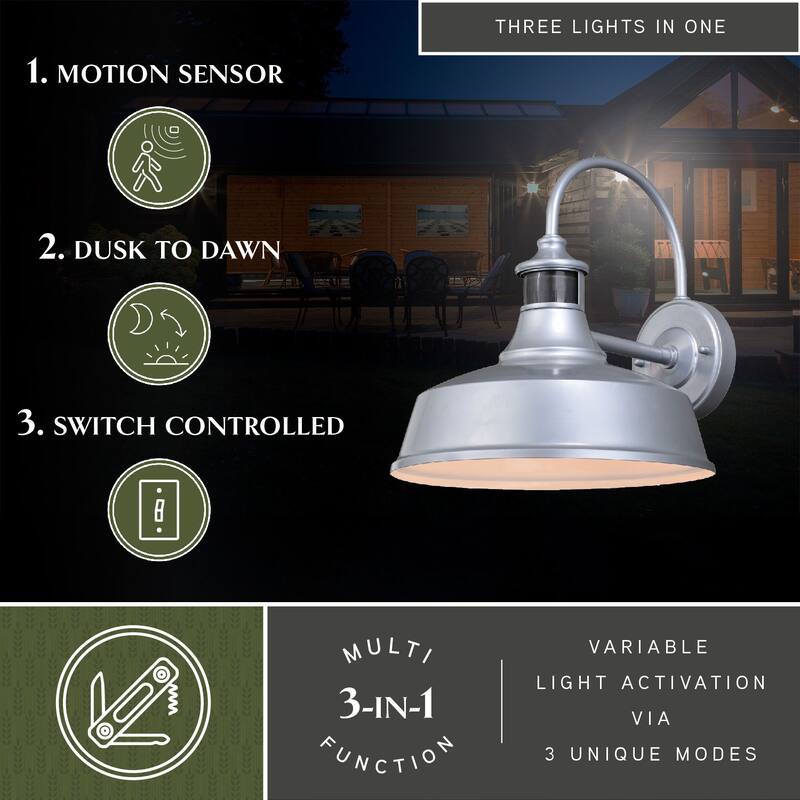 Dorado Silver Motion Sensor Dusk to Dawn Farmhouse Barn Dark Sky Outdoor Wall Light - 12-in W x 12.25-in H x 13.5-in D