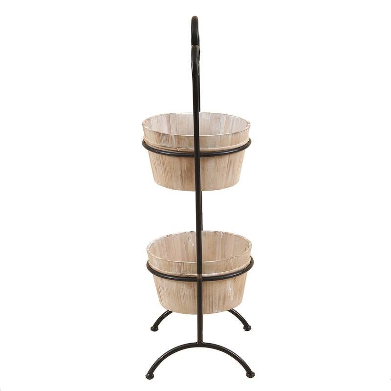 Brown Two-Tier Wood Planters with Black Metal Stand