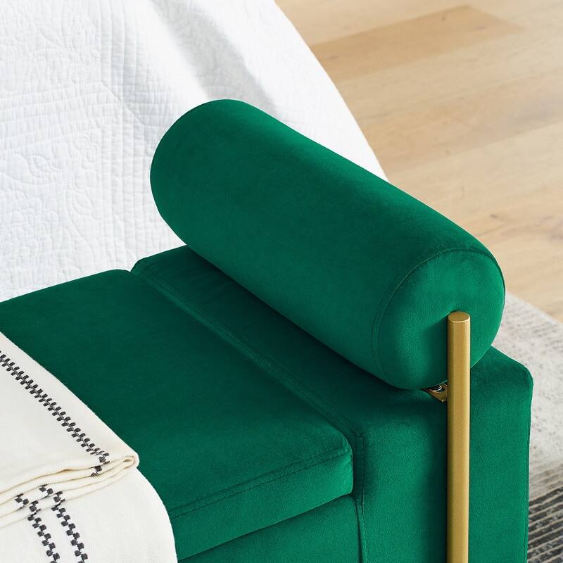 Morden Velvet Upholstered Storage Ottoman Bench, Elegant Footstool with Rolled Arms and Iron Legs for Bedroom, Hallway
