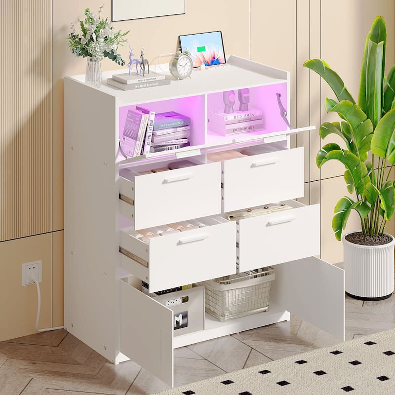 VECELO Bedroom Dresser with Adjustable LED Lights & Power Outlet Chest of 6 Drawers with Raised Edge and Large Storage Capacity - White