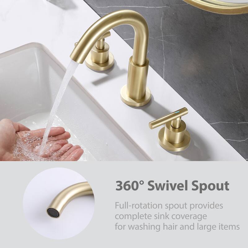 Modland Widespread 3-Hole Bathroom Faucet, 500K Cycle Ceramic Cartridge, 360 Swivel Spout & CEC Certified (Black/Gold/Nickel)