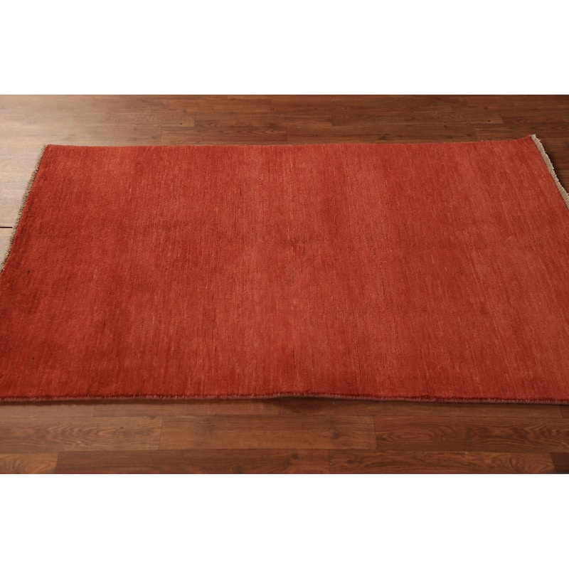 Orange Gabbeh Modern Rug Hand-Knotted Solid Wool Carpet - 3'2" x 4'11"
