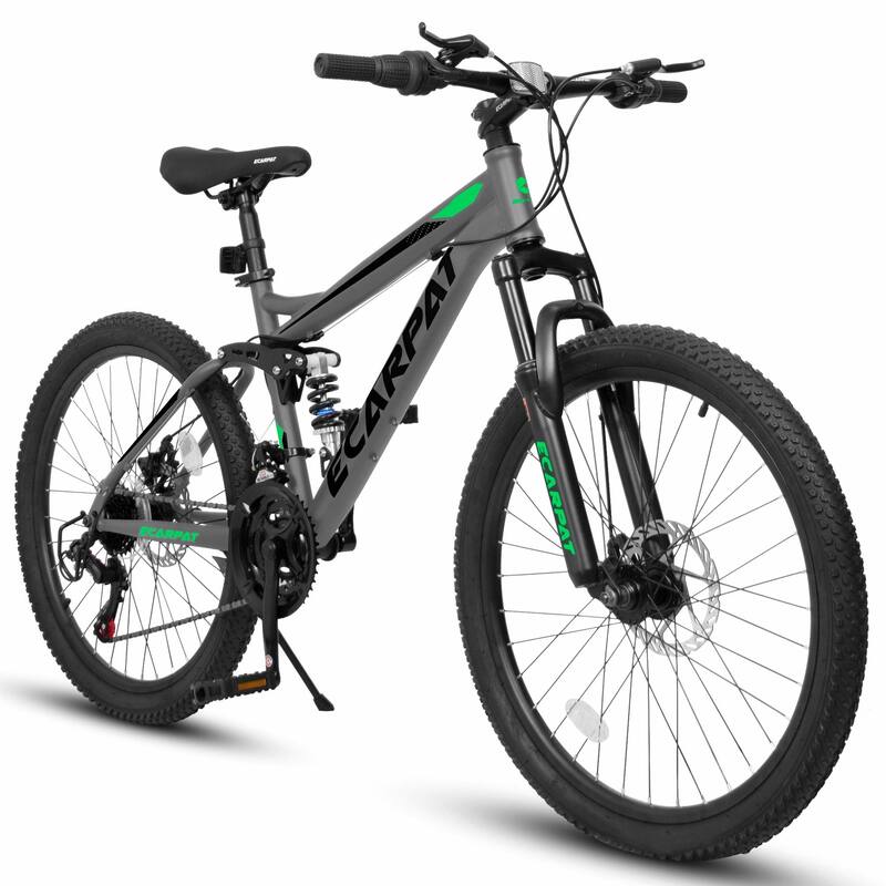24" Mountain Bike - Full Suspension, 21-Speed Grip Shifters, High Carbon Steel Frame, Mechanical Disc Brakes - Gray