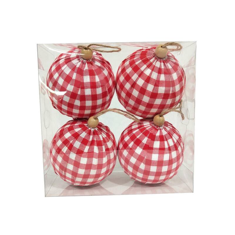 Vickerman 4" Red and White Plaid Cloth Ball Christmas Ornament, 4 pieces per box