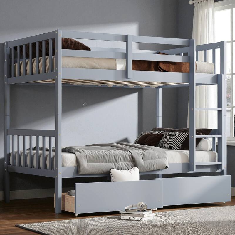 Twin Over Twin Rubber Wood Bunk Bed with 2 Drawers, Convertible into 2 Twin Beds, Ladder and Safety Guardrails